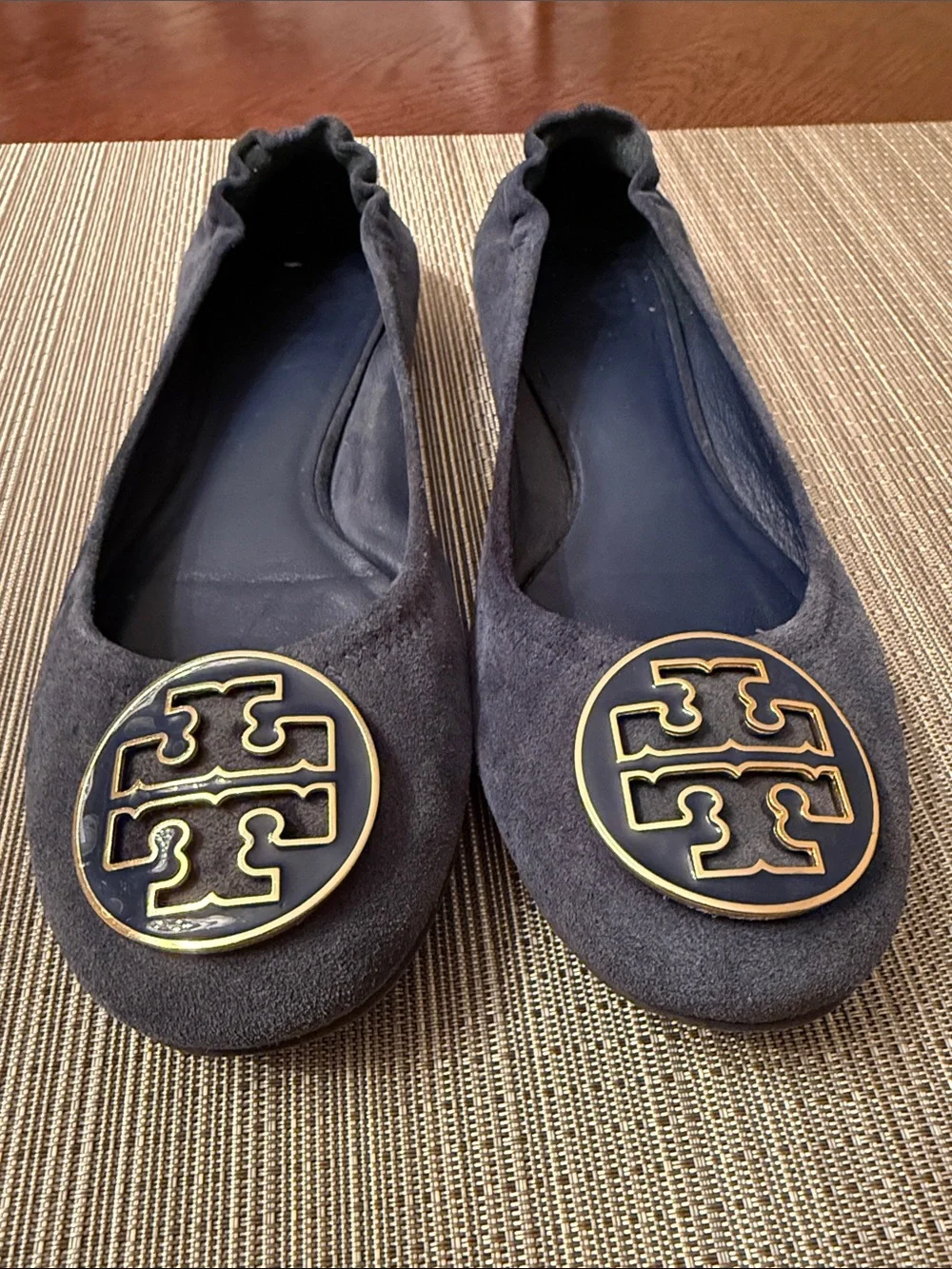 Tory Burch Navy Suede Logo Ballet Flats with Gold Emblem